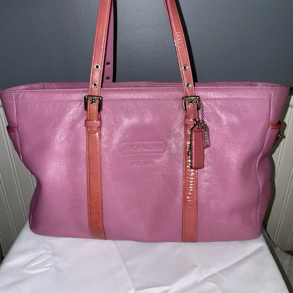 VINTAGE COACH PINK LEATHER PATENT TRIM LARGE GALLERY SHOPPER TOTE BAG PURSE 9237